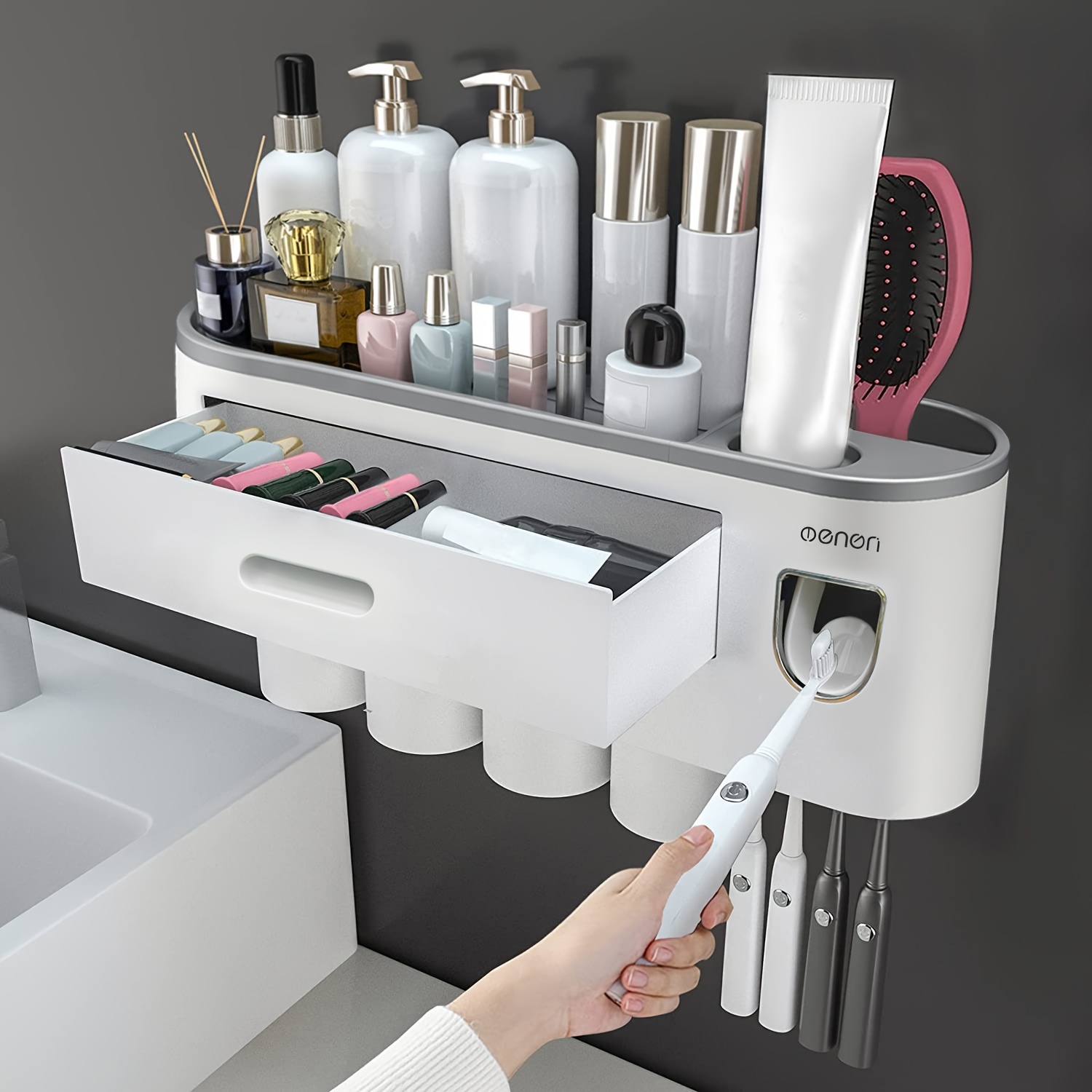 

Wall-mounted Toothbrush Holder With 4 Cups, Large Capacity Tray & 2 Cosmetic Drawers - Includes Toothpaste Dispenser - Space-saving Bathroom Organizer Set