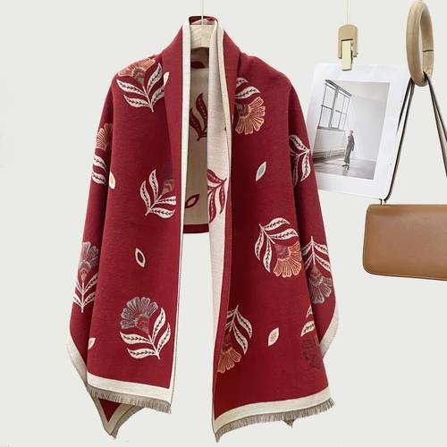 vintage botanical jacquard double sided scarf featuring a double sided jacquard technique that showcases vintage botanical patterns has a solid main color for a look while uses a soft contrasting color combining texture