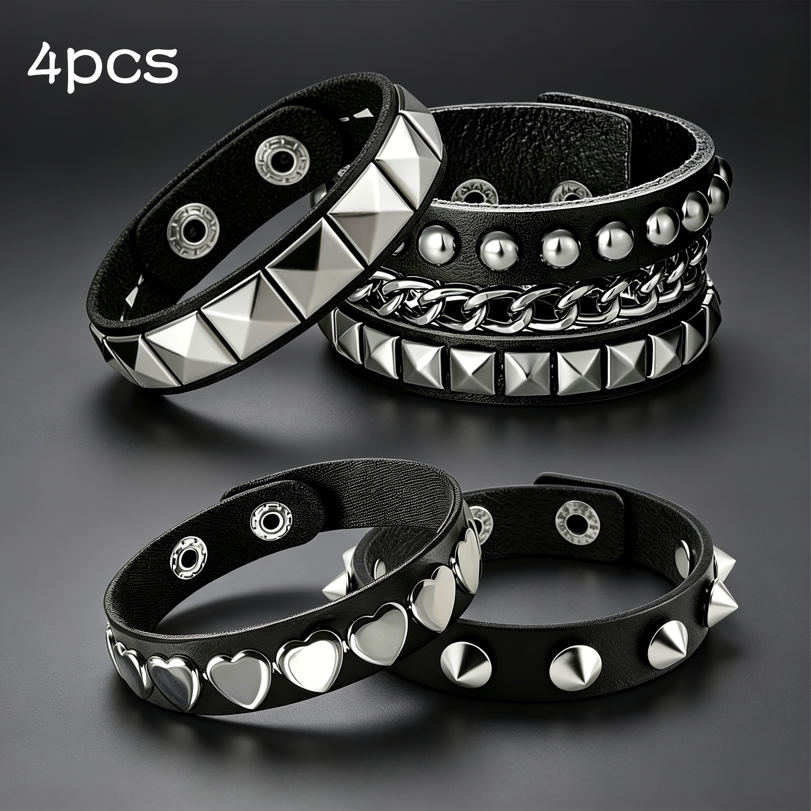 TEMU 4pcs Punk Spiked Pu Bracelet Set, Black Pu Studded Wristbands With Pyramid Cone Heart Chain Studs, Adjustable Gothic Bracelets For Women