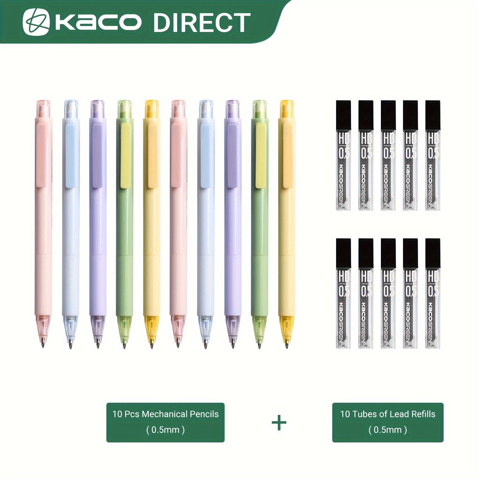 

Kaco Pack 10 Pieces Mechanical Pencil Set, 10 Pieces Cute Pastel Pencils 0.5mm With 10 Tube Hb Lead Refills (10 Pieces - 10 Mixed Color)