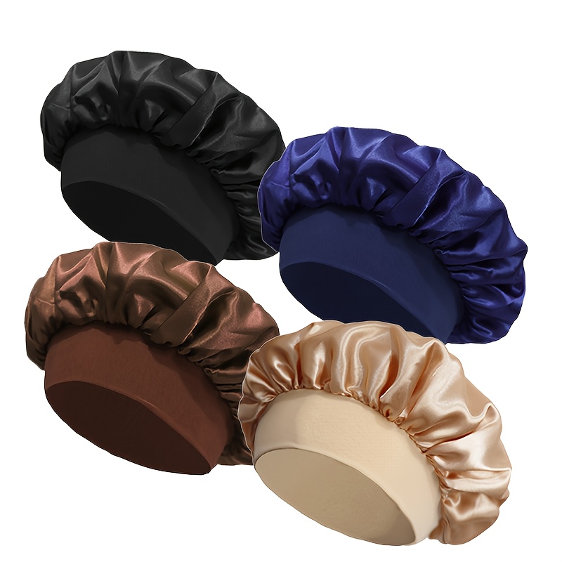 TEMU 4pcs Women's Fashion Satin Sleep Caps With Loose Straps - Soft Smooth Sleeping Hat For Curly & Straight Hair, Breathable & Comfortable For Daily