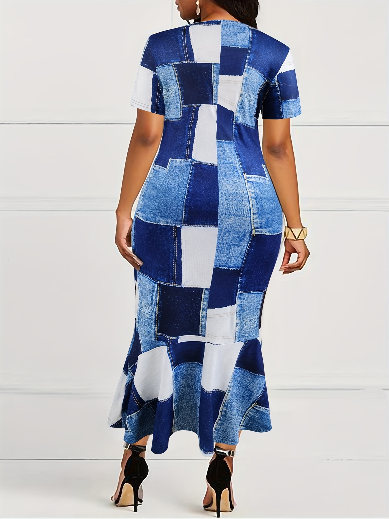 Plus Size Women's * Denim Mermaid Dress - Blue \u0026 White Western Print Short  Sleeve plus size womens denim mermaid dress blue white - Temu Australia