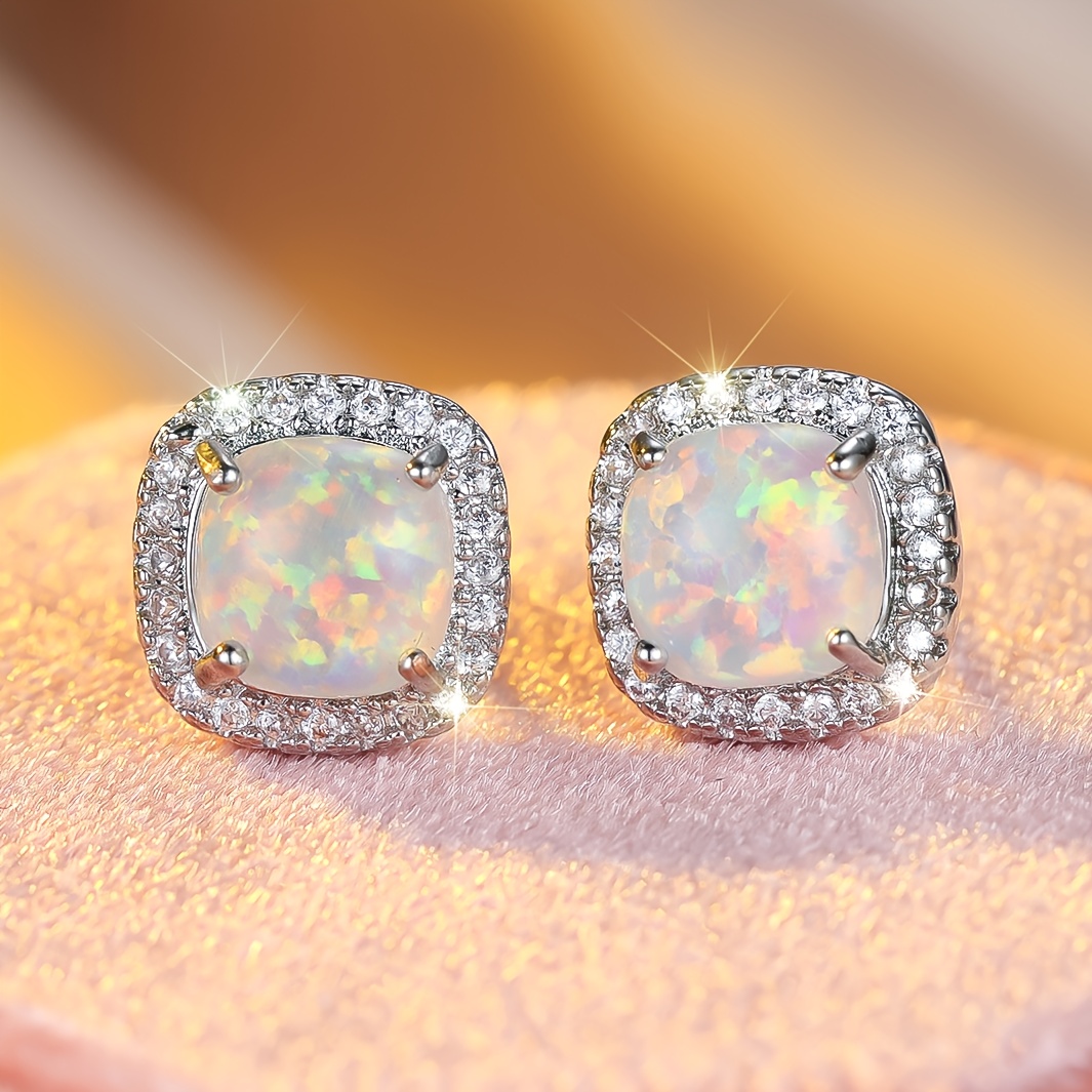 Image of Pair Of Elegant Exquisite Square Synthetic Opal Women's Stud Earrings For Banquet Wedding Wear, Gift For Girlfriend