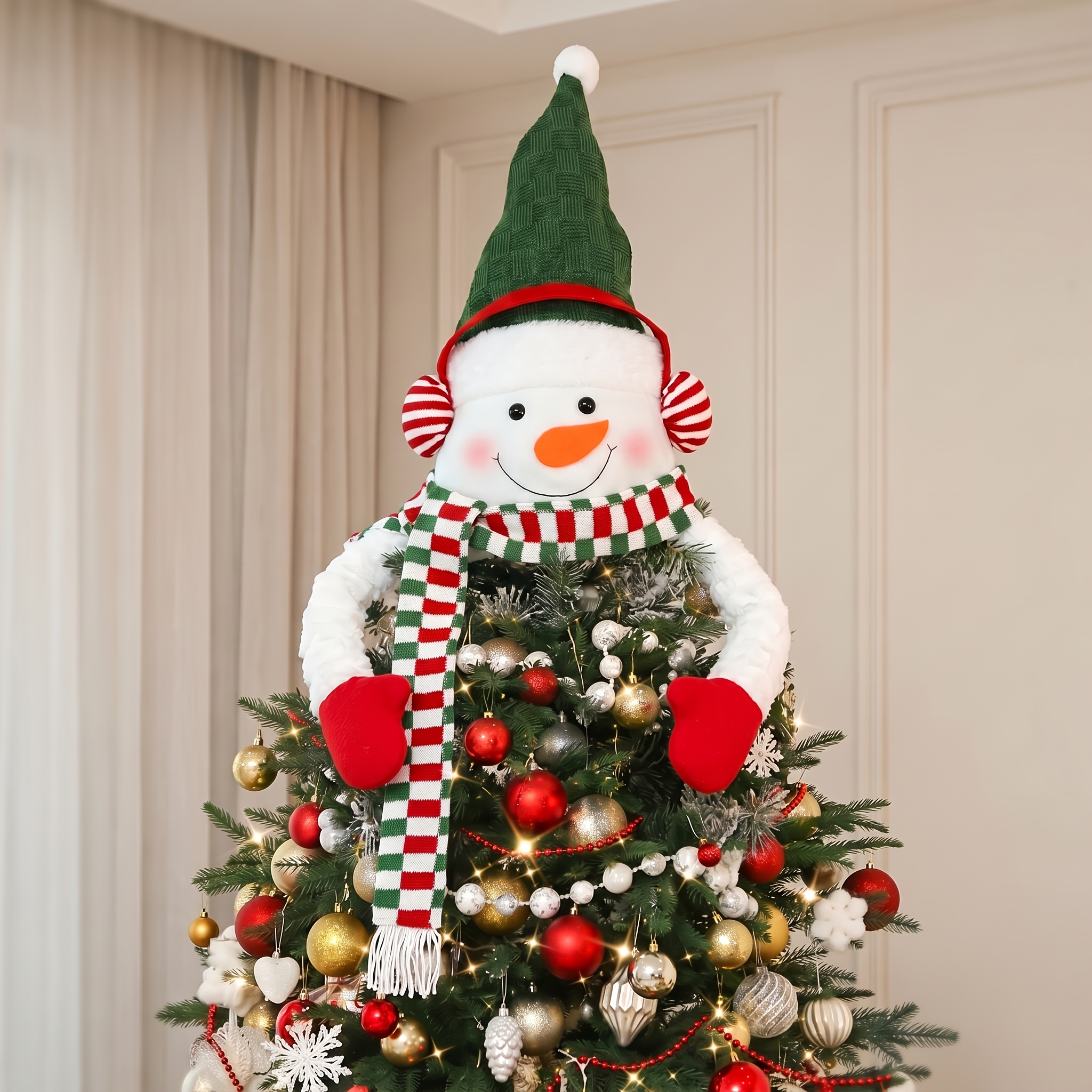 TEMU Estrella rústica de granja para punta de árbol de Navidad con adornos de Papá Noel, y - para el hogar, comercial, decoraciones de árbol festivo,