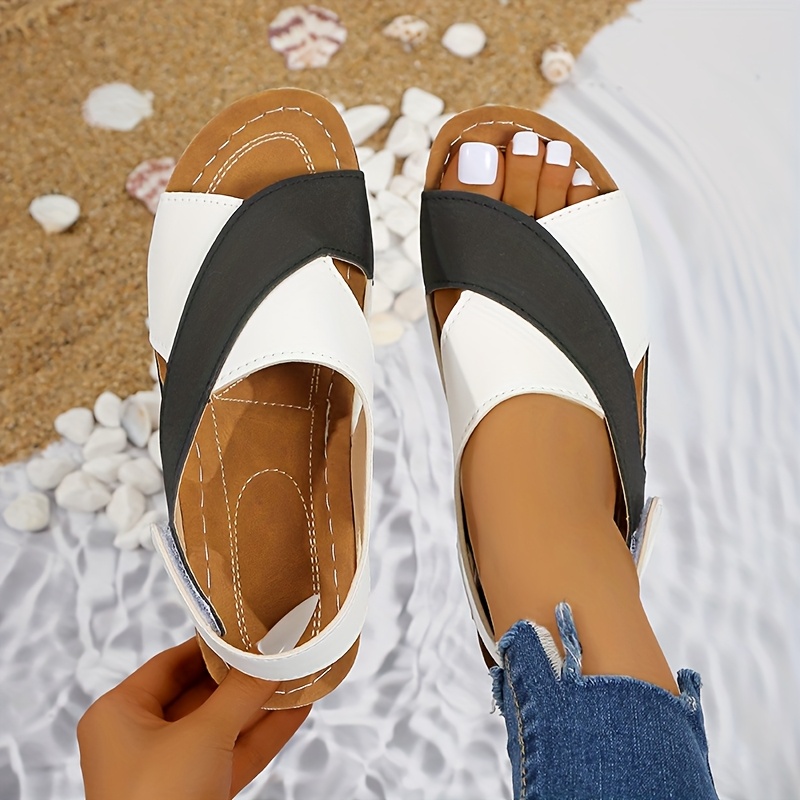 Women's Two-Tone Wedge Sandals - Open Toe, Chunky Heel, Faux Cover with Metallic Buckle Strap, Perfect for Beach, Party & Casual Outings, Beachwear Shoes | Durable Tpr Sole, Ladies Sandals