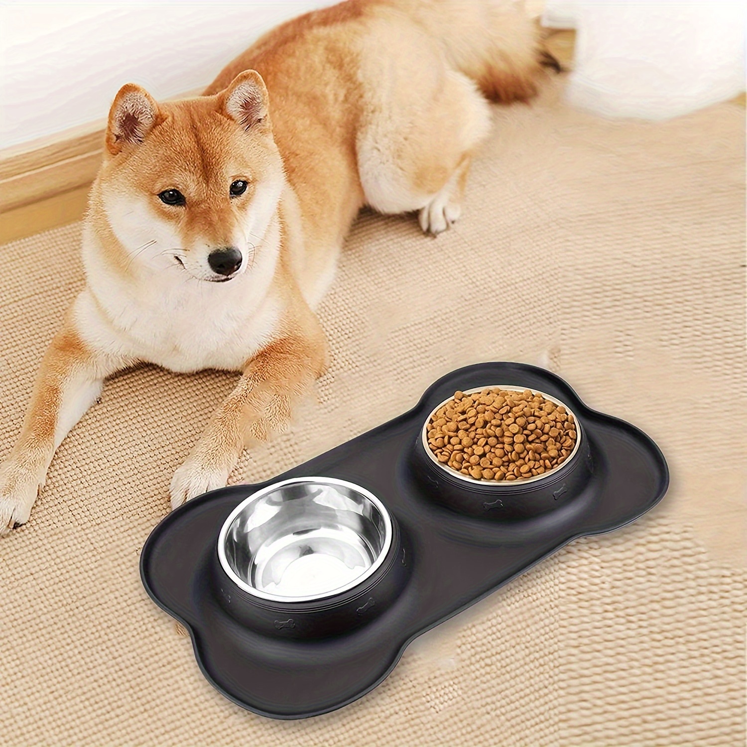 

Bone Shaped Silicone Pet Dog Feeding Mat With 2pcs Stainless Steel Dog Food Bowl And Water Bowl, Easy To Clean, Prevents Messy