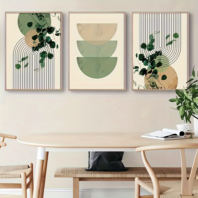 

3pcs/set Boho Green Plant Eucalyptus Leaf Geometry Graphic Art Poster - Retro Canvas Print For Modern Wall Decor In Living Room And Home