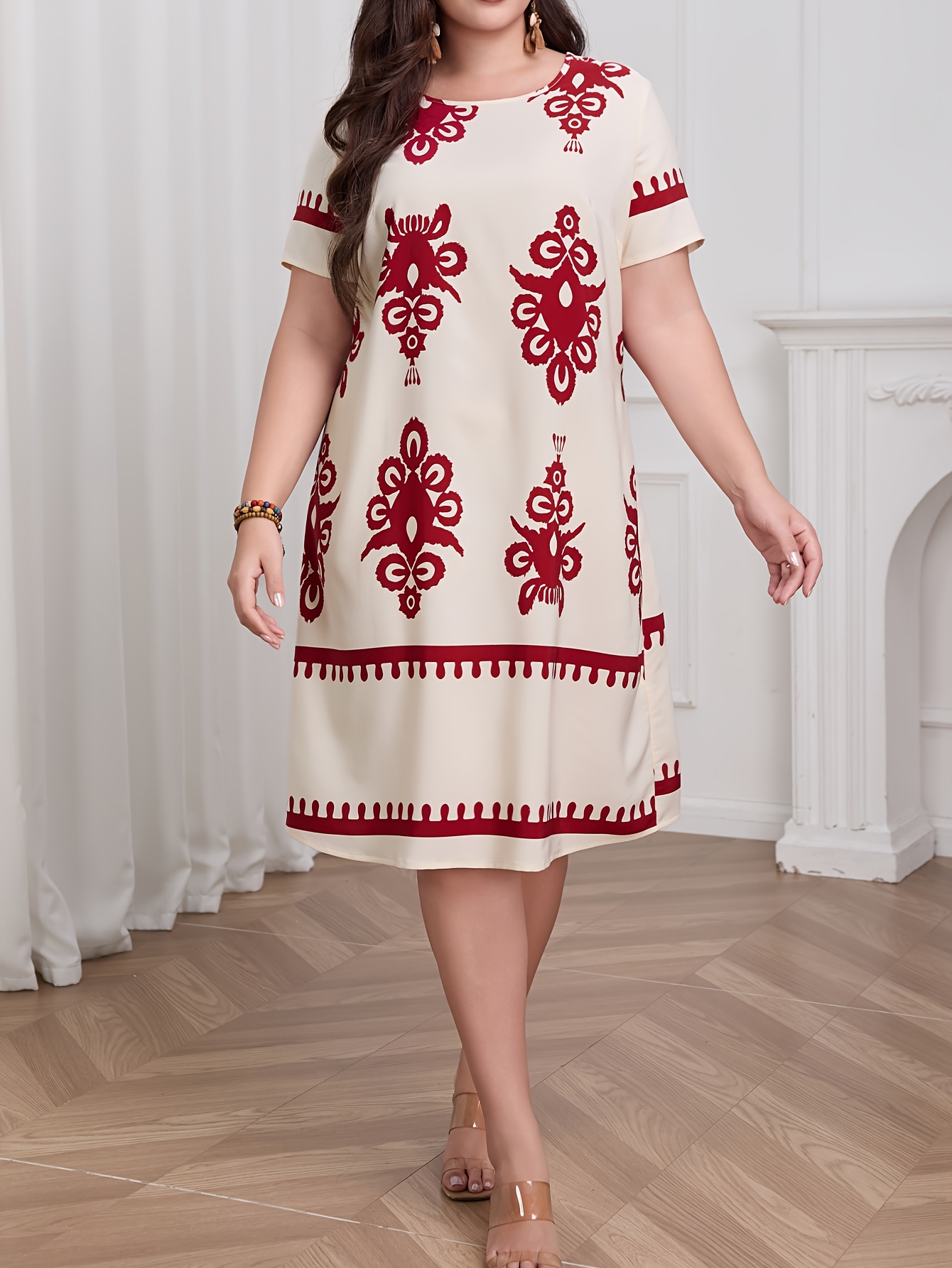 Plus Size - Plus Size - Women'S Plus-Size Spring And Summer Round-Neck Straight Dress with Printed Design, Made from Comfortable Non-Stretch Fabric, Machine Washable, Perfect for Outings And Vacations