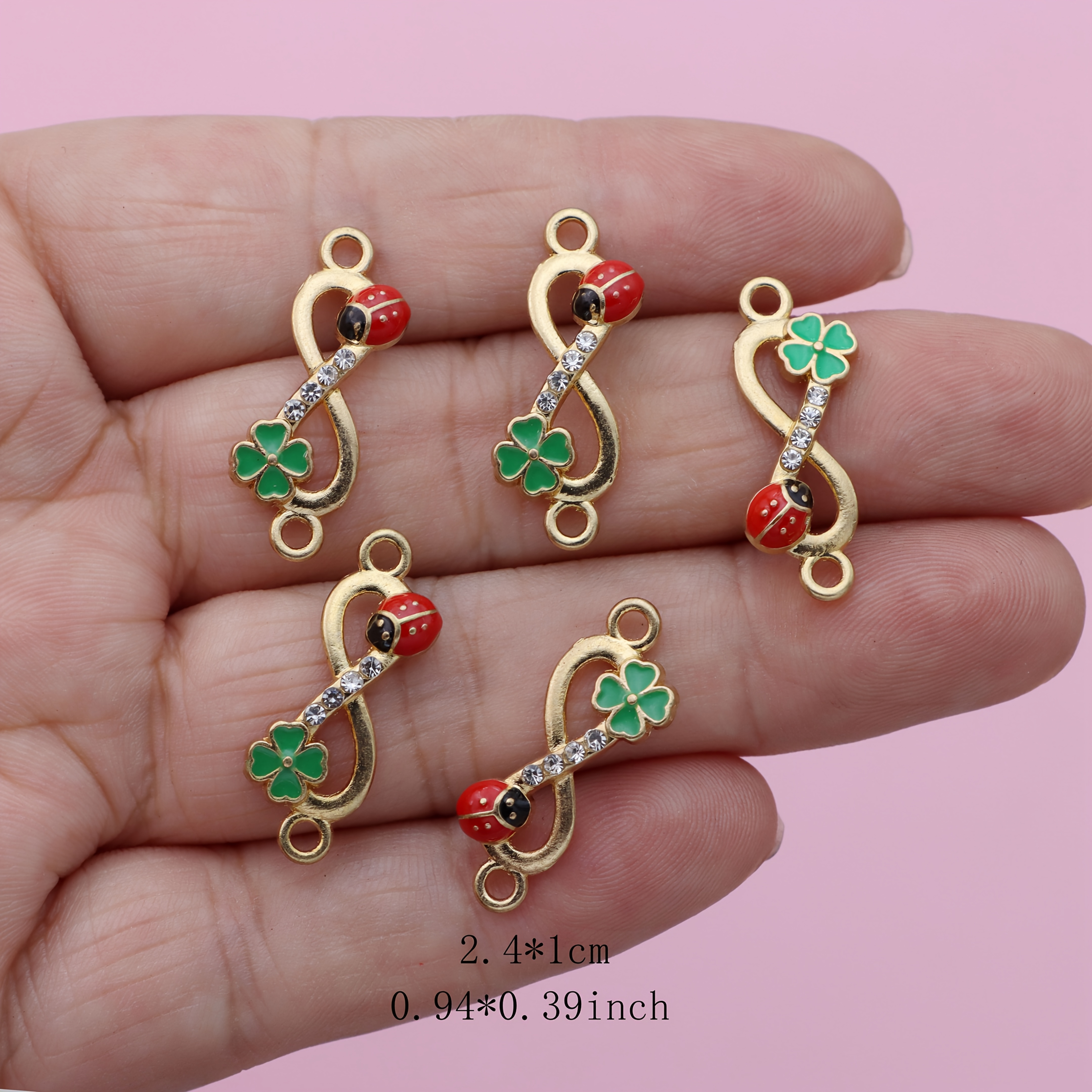 Image of 5pcs Golden Plated Enamel Flower Tree Clover Ladybug Connectors Charm Connector For Jewelry Making Bracelet Findings Additions Handmade Craft