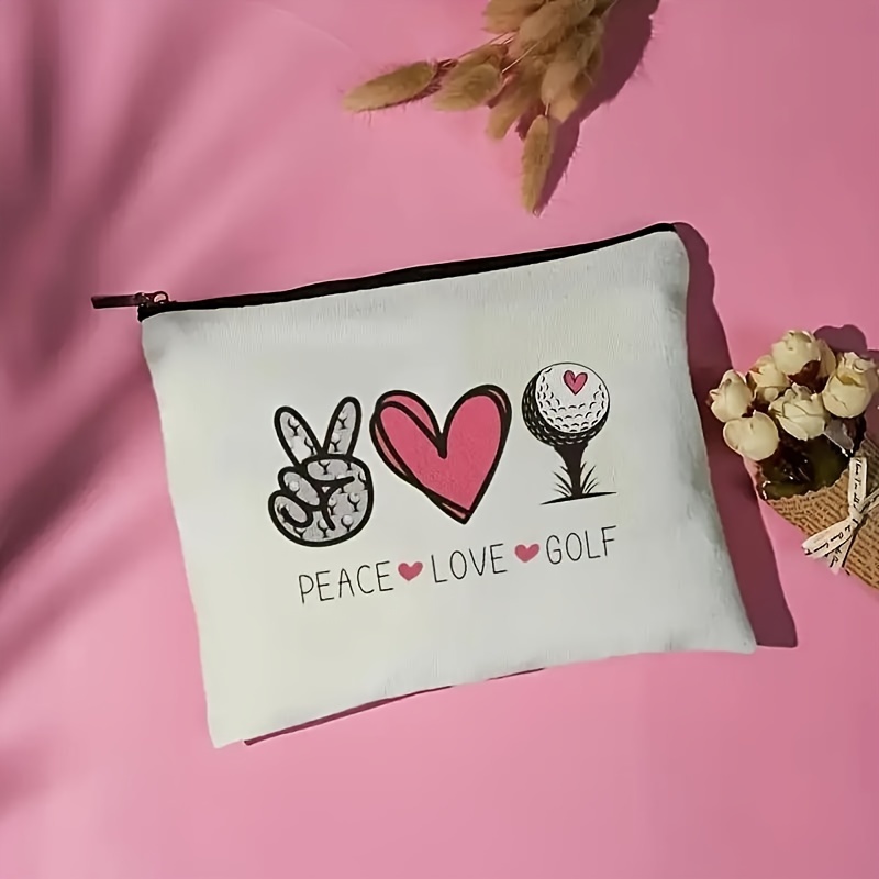 

Peace Love Golf Pattern Cosmetic Bag Makeup Bag, Zipper Pouch, Lightweight Makeup Organizer For Travel Essentials, For Men And Women