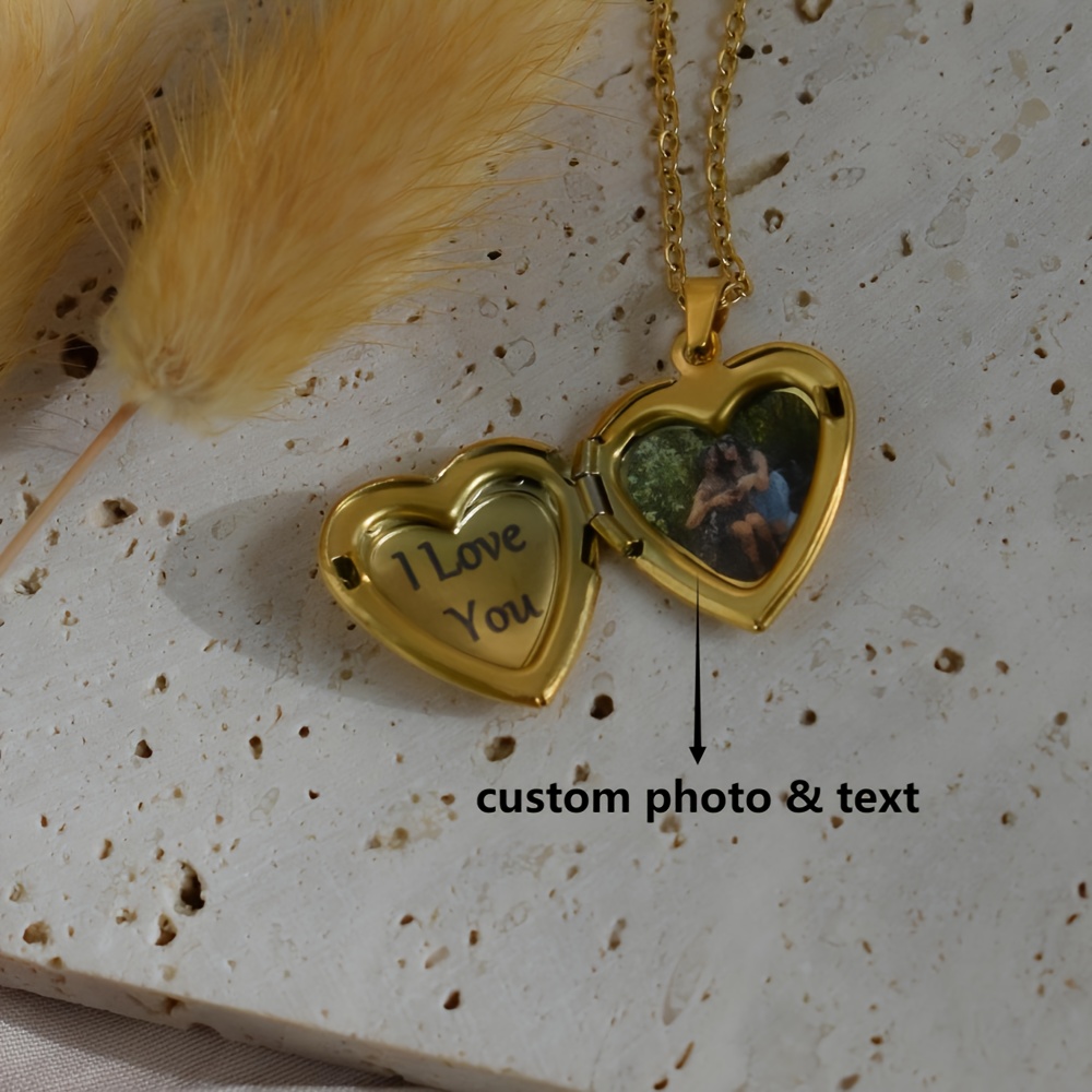 TEMU Custom Heart Locket Jewelry Necklace, Sign Lovers Gift For Her, Woman Love Pendant Heart Picture Locket Personalized Mothers Day Gift, Festival