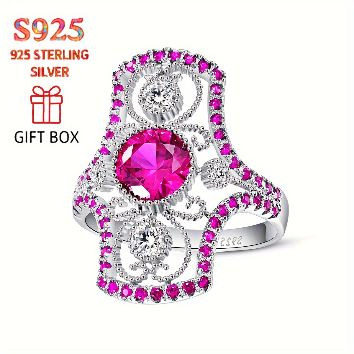 

100% 925 Sterling Silver, 4 Carat Bohemian Style, And Trendy, Hollowed Out Full Design Ring Suitable For Men's Father's Day Luxurious And Grand Gifts