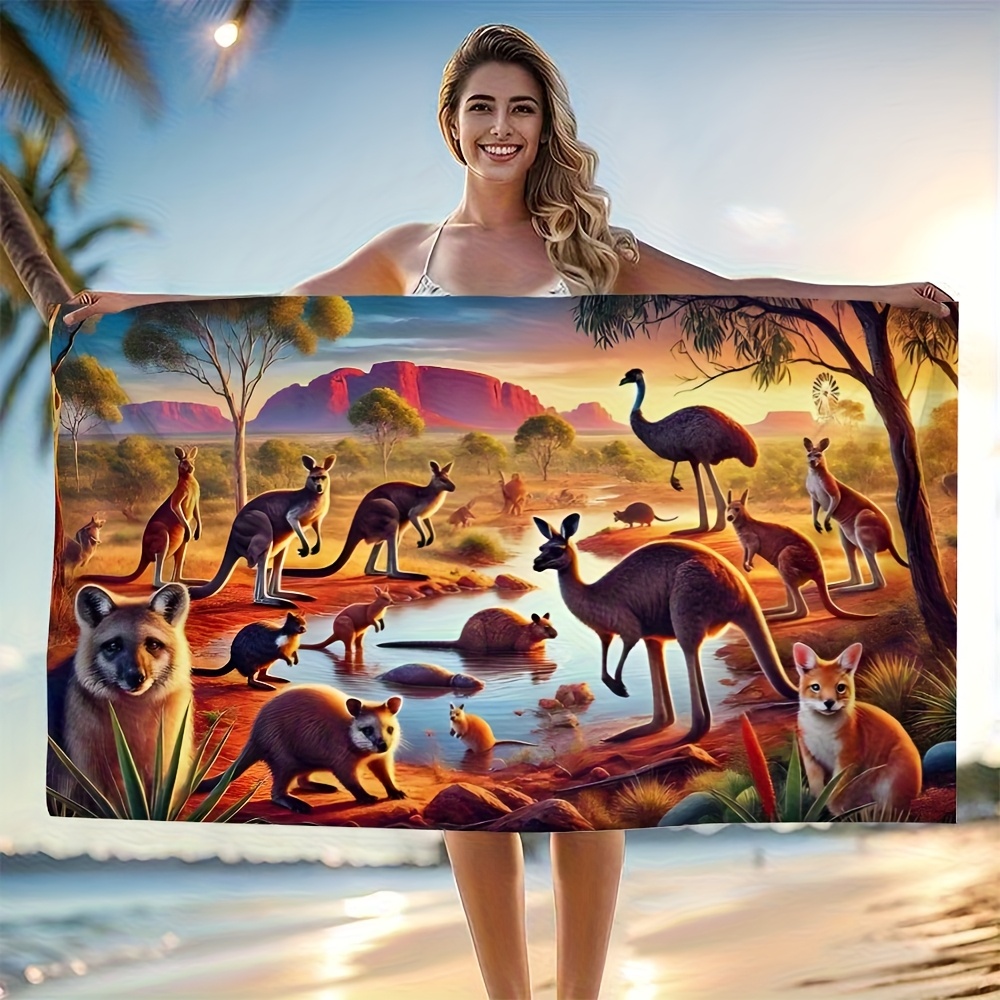 TEMU 1pc Extra-large 3-size Options Australian Wildlife Kangaroo & Raccoon Print Beach Towel - -dry Polyester, Vibrant Sunset Colors For Pool,