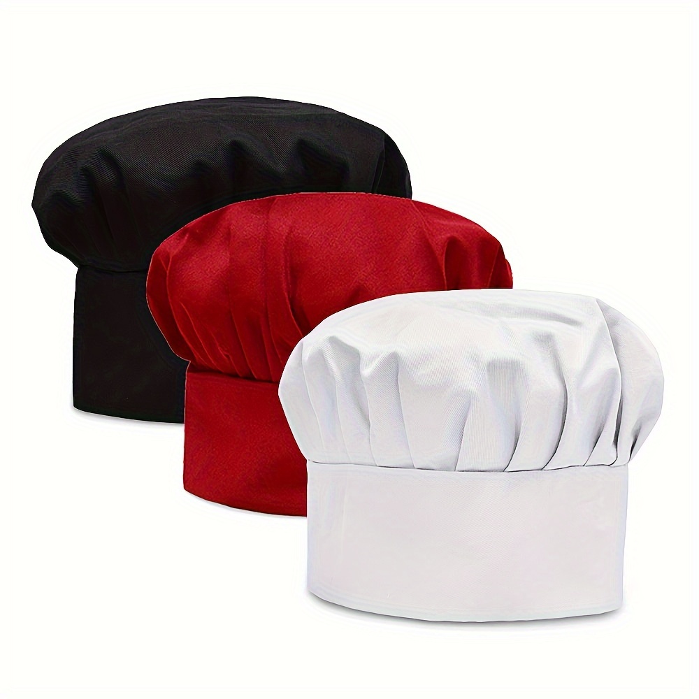 

Classic Solid Color Chef Hats, Adjustable Mushroom Headgear, Unisex Hygienic Caps For Kitchen Use - Black, Red, White