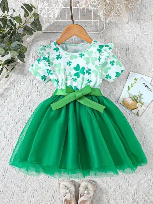 girls' day princess dress - green shamrock & floral print with flare sleeves, knee-length polyester, machine washable - celebrations - kids' fashion - Temu girls' day princess dress - green shamrock & floral print with flare sleeves, knee-length polyester, machine washable - celebrations - kids' fashion - Temu
