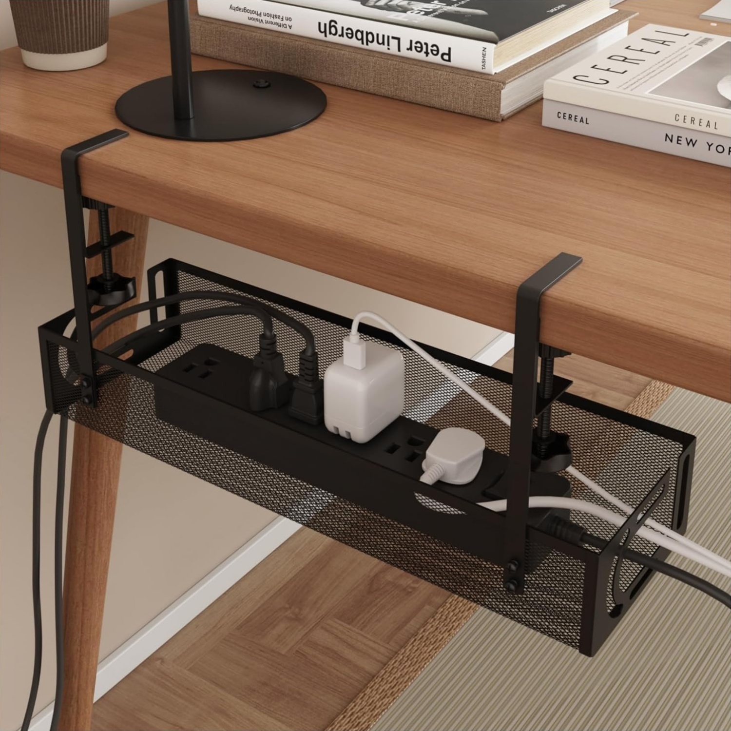 No Drill Under Desk Cable Management Tray, 36" Cord Organizer For Table, Clam