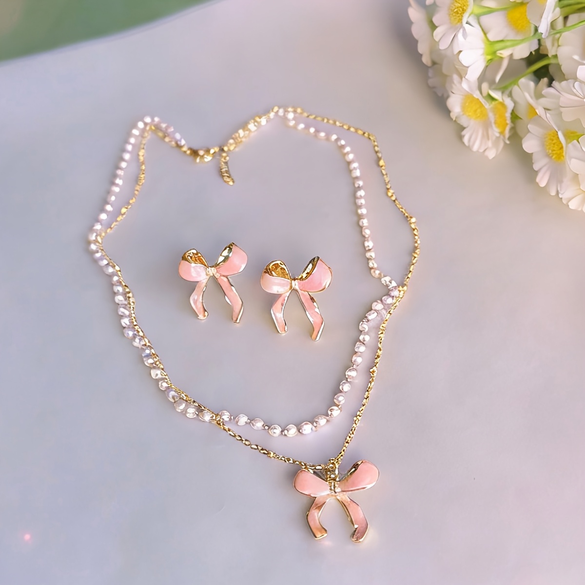 TEMU Collar y Pendientes de Esmalte con de Aceite Rosa y , Juego de 2 Piezas, Ideal como Regalo de San Valentín o para Mujeres, Accesorio de Joyería