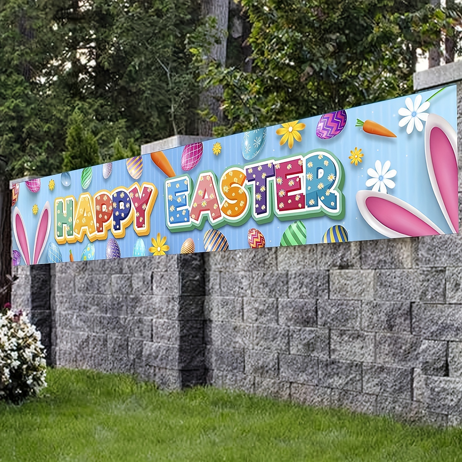 1pc happy easter bunny 19 6 x 118 inch banner rabbit and easter eggs theme backdrop decor for front door porch spring holiday easter theme party supplies easter egg hunts decorations background photo booth props