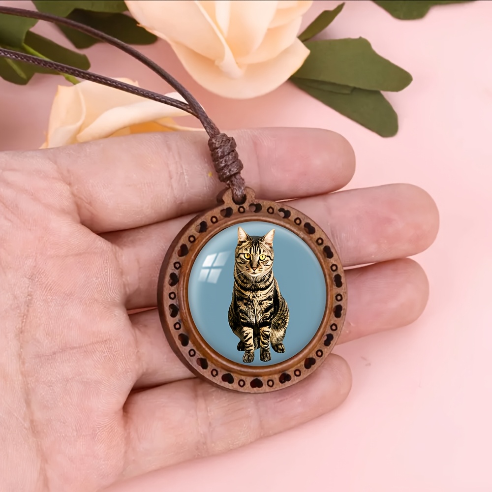 Tiger-Striped Cat Heart Wooden Necklace, Cute Gift