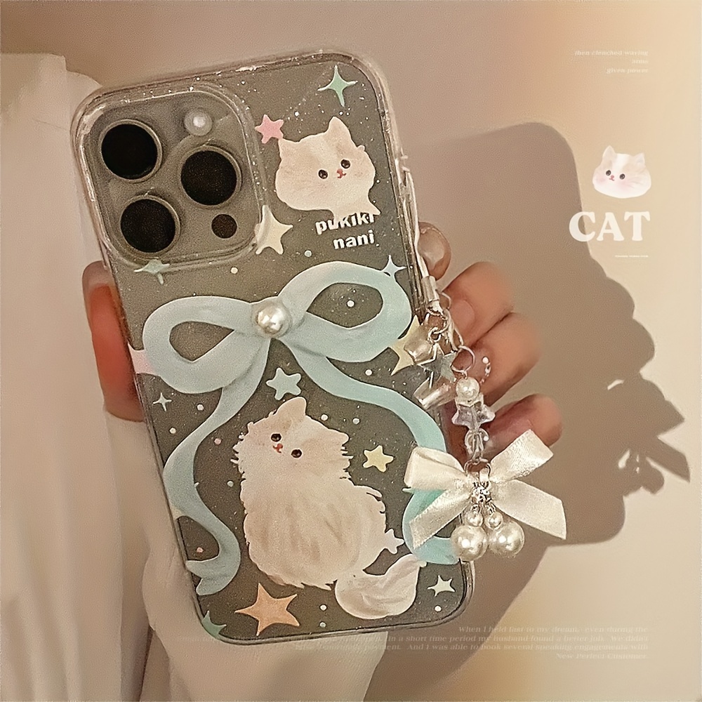 

Chic Transparent Case With 3d Blue Kitten & White Pearl Charm For 11/12/13/14/15 Pro Max - Durable Tpu, Anti-drop