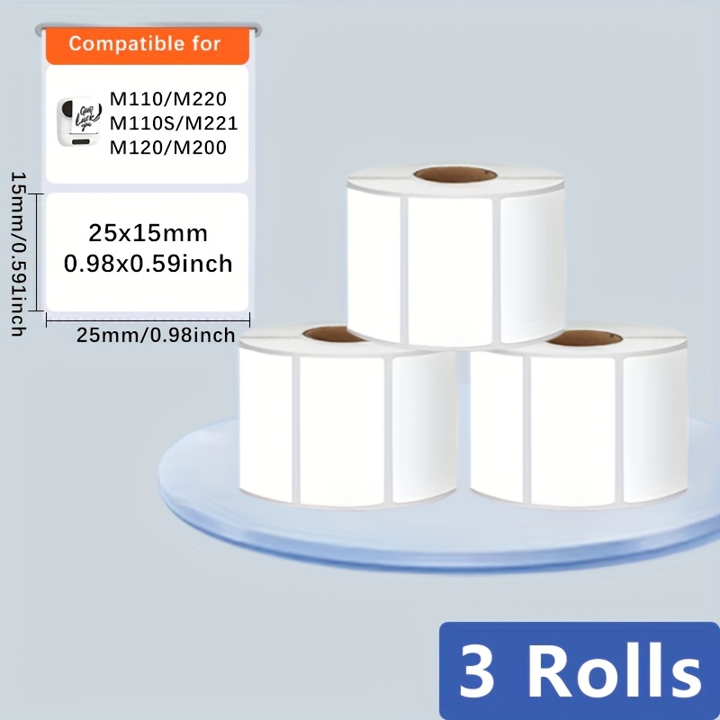 TEMU 3 Rolls Of White Self-adhesive Labels, 25 X 15 Mm/ X 0.591 Inches Per Roll, 400 Labels Per Roll, Compatible With M110/m120///m220/m221 Printers