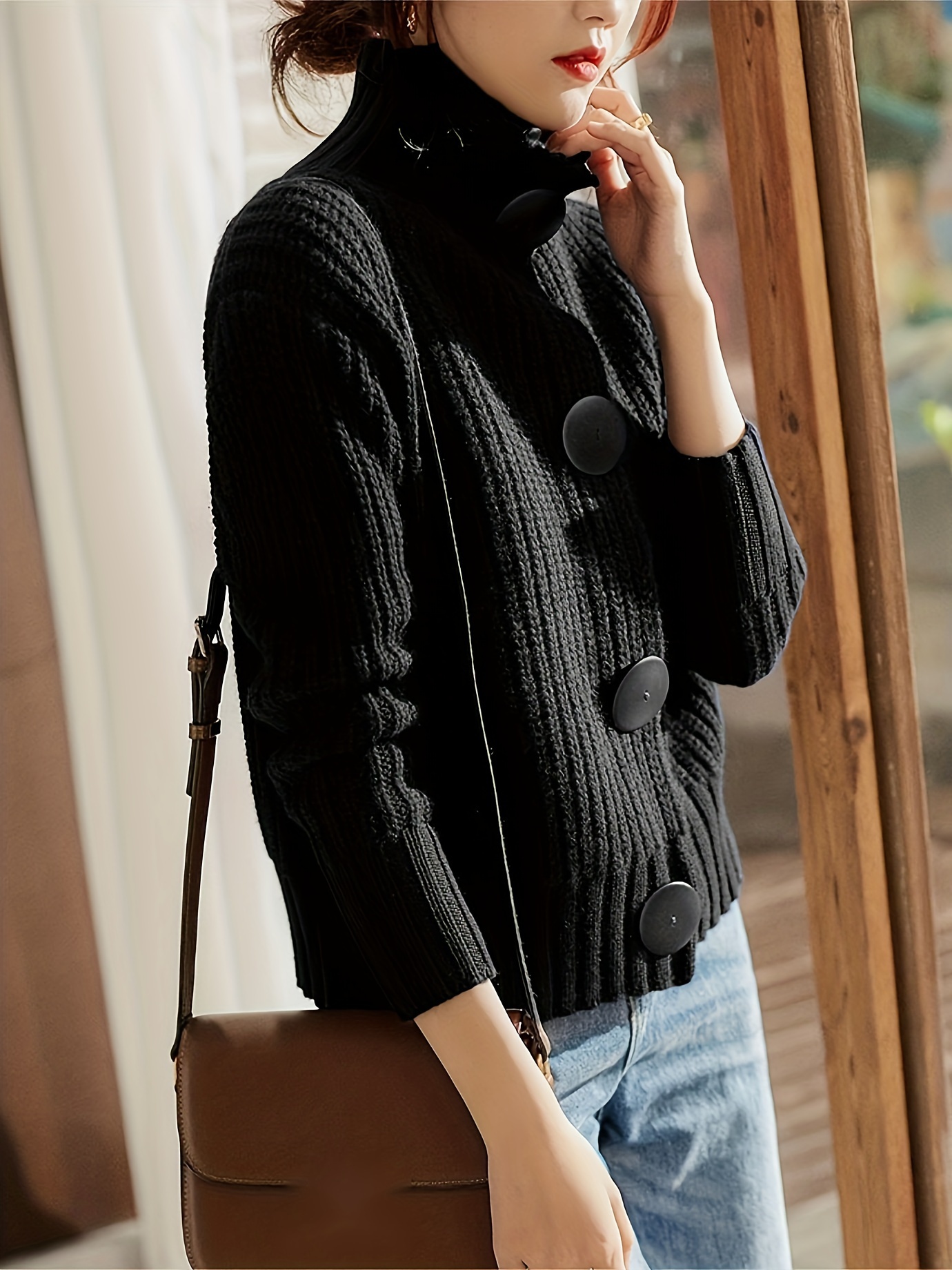 womens chunky sweater high neck turtleneck large black Temu