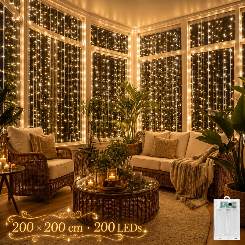 1pc 300 Led Warm White Fairy Curtain Waterfall Lights, Battery , 8 Decorative Lights, Batteries Not Included, For Bedroom, Living Room, Reading Corner, Dressing Area, Holiday And New Year Decoration