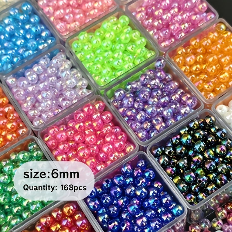 TEMU Lot de 168 perles rondes acryliques colorées AB de 6 mm, couleurs mélangées aléatoires, pour la fabrication de bijoux, artisanat, bracelets, ,