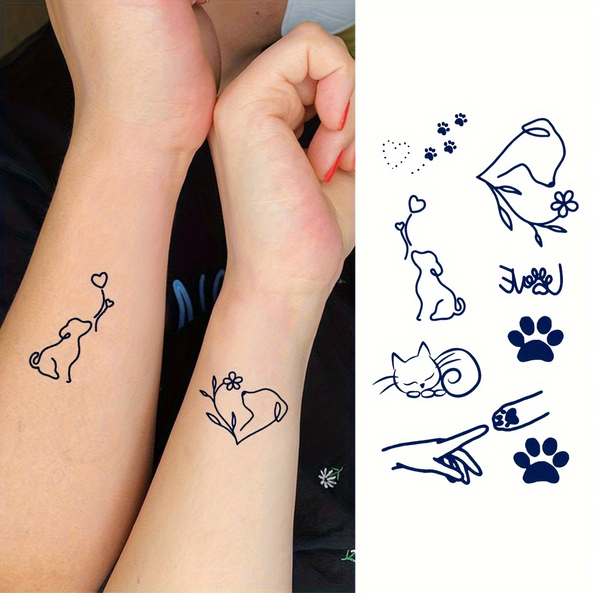 

6 Designs Temporary Tattoo Stickers, 1 Sheet, Minimalist Line Art Cute Puppy, Cat, Love Paw Print, Waterproof Lasting 1-2 Weeks, Realistic Matte Finish Body Art