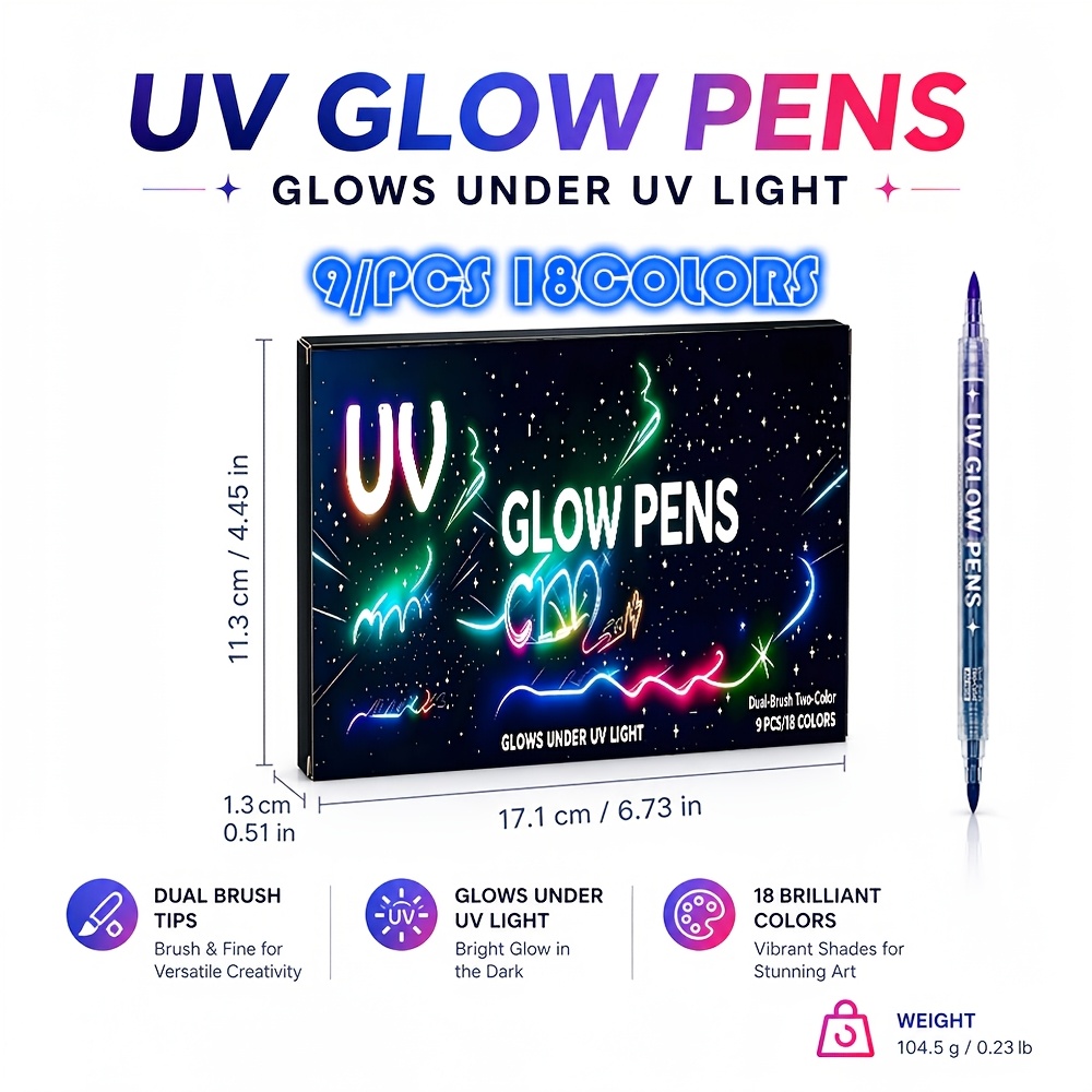 TEMU Dual-head Two-color Fluorescent Pens 6pcs-12colors/9pcs-18colors Ultraviolet Color-revealing Graffiti Pens Party Special Glow Pens Suitable For
