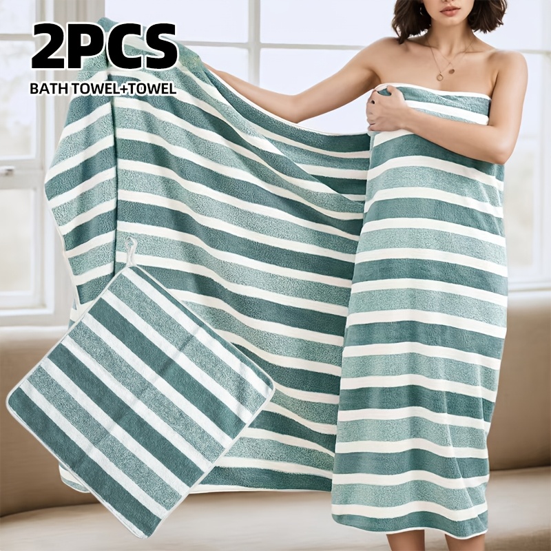 TEMU 2pcs Colored Wide Stripe Oversized Bath Towel Set Including 1pc 90 X 180cm [35.43 X 70.87 Inch] Bath Towel And 1pc 30 X 30cm [ X Inch] Hand