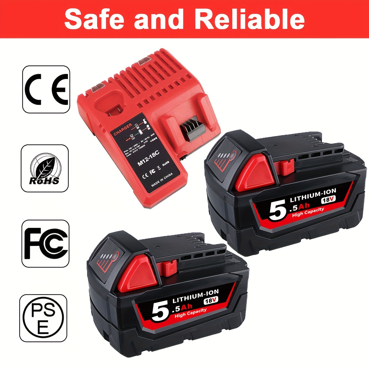 

2packs 5.5ah 18v Lithium Battery And Charger For 48-11-1820 48-11-1850 48-11-1852 48-11-1860 48-11-1820 48-11-1840 Cordless Power Tools Batteries Capacity Output 5500mah