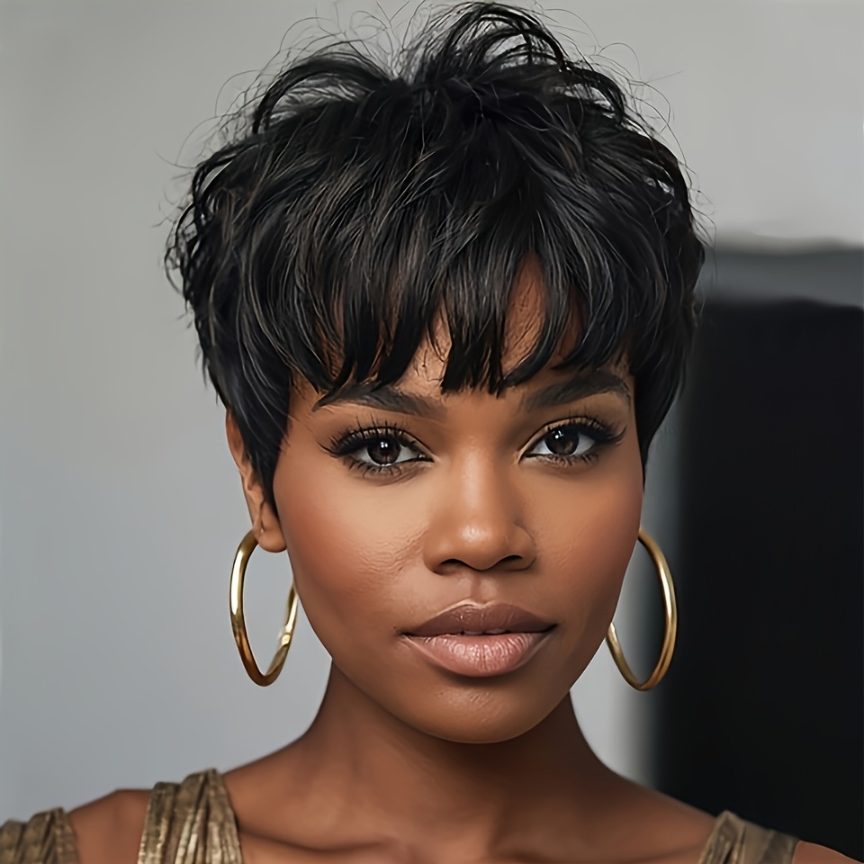TEMU Wig Featuring A 150% Density Human Hair Cut, Designed With Short Layers And Bangs, With A In Shade, Use Without A Lace Front