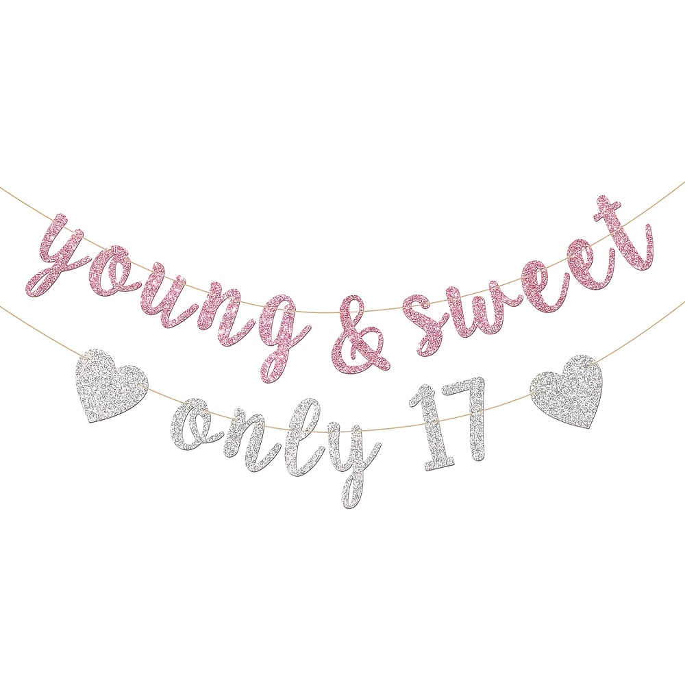 Image of Celebrating 17 Years - Festive Decorations For A Birthday Party - Enjoy 17 Years With Pink And Hanging Garlands