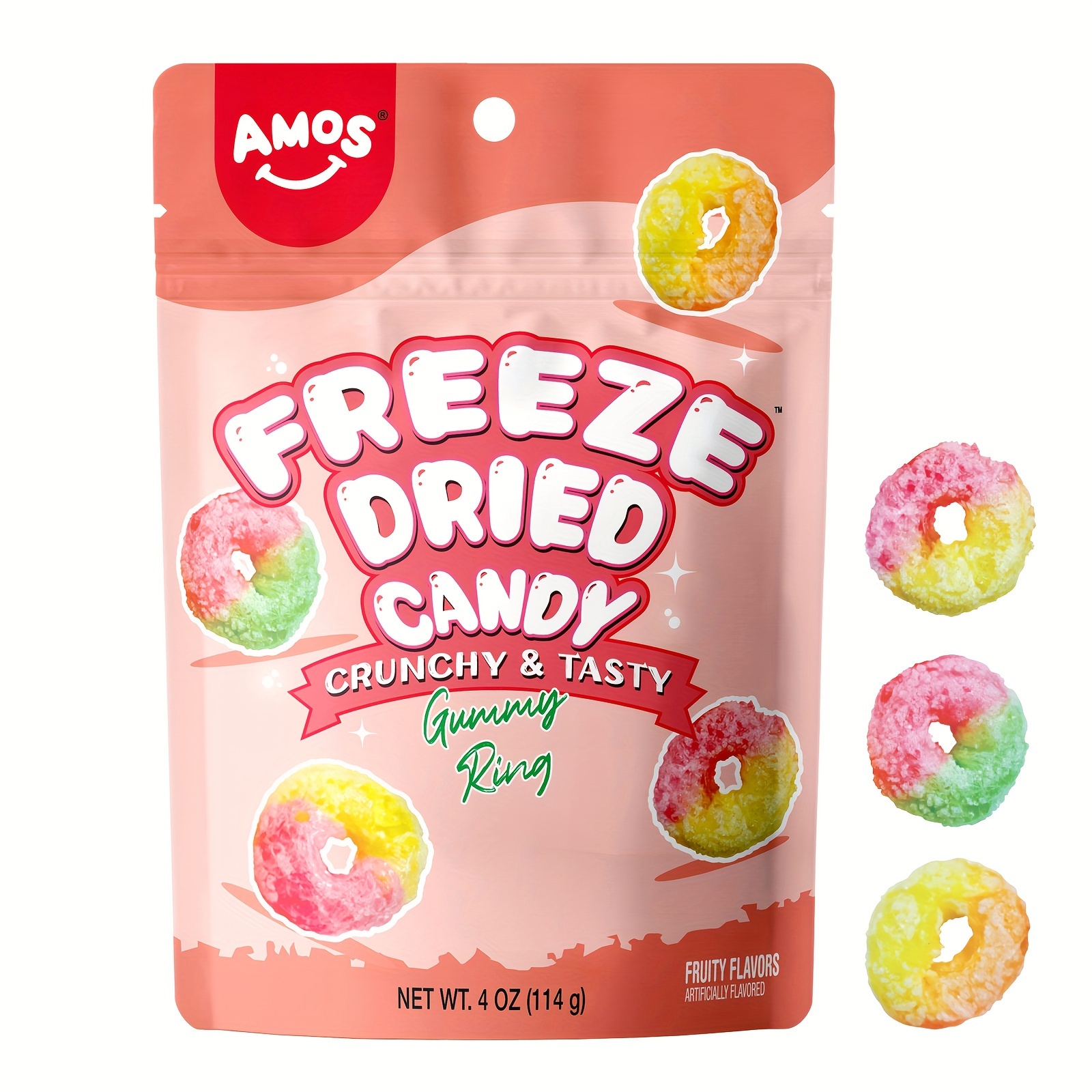 

Amos[1/2pack] Freeze Dried Gummy Rings, Premium Fruit-flavored Candy, Fat-free & Gluten-free, Resealable 4oz Bag Snack Treatss