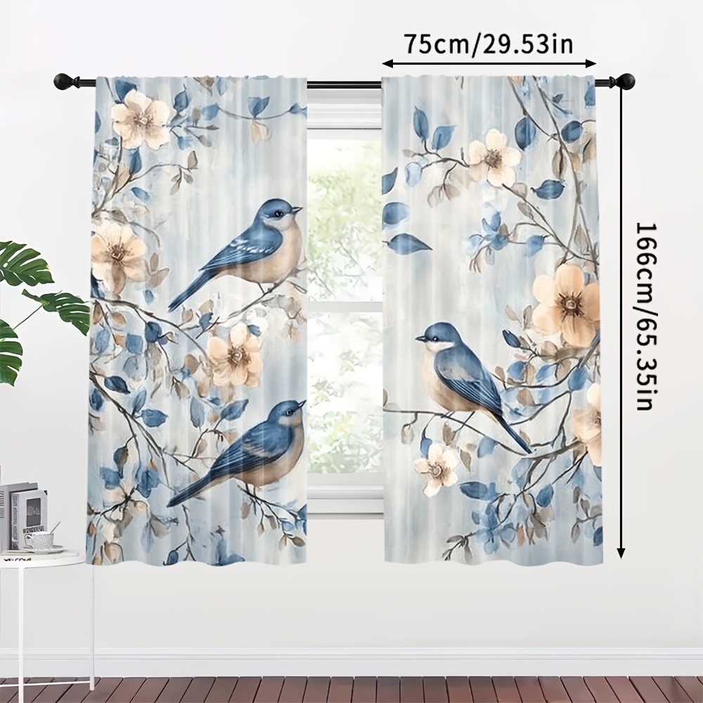 TEMU 2 Panneaux de Rideaux Contemporains à Imprimé Oiseaux - Tissu Polyester avec Motif , Idéal pour Décor de Chambre, Salle de Bain, Cuisine (