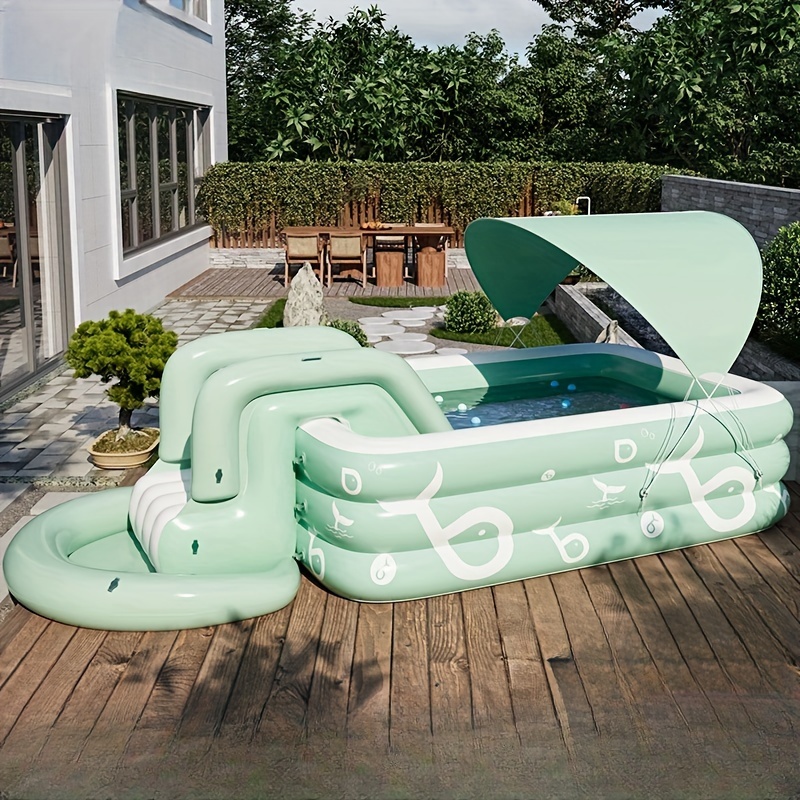 solar powered deluxe inflatable outdoor pool set with slide sunshade umbrella foot pump repair kit large size