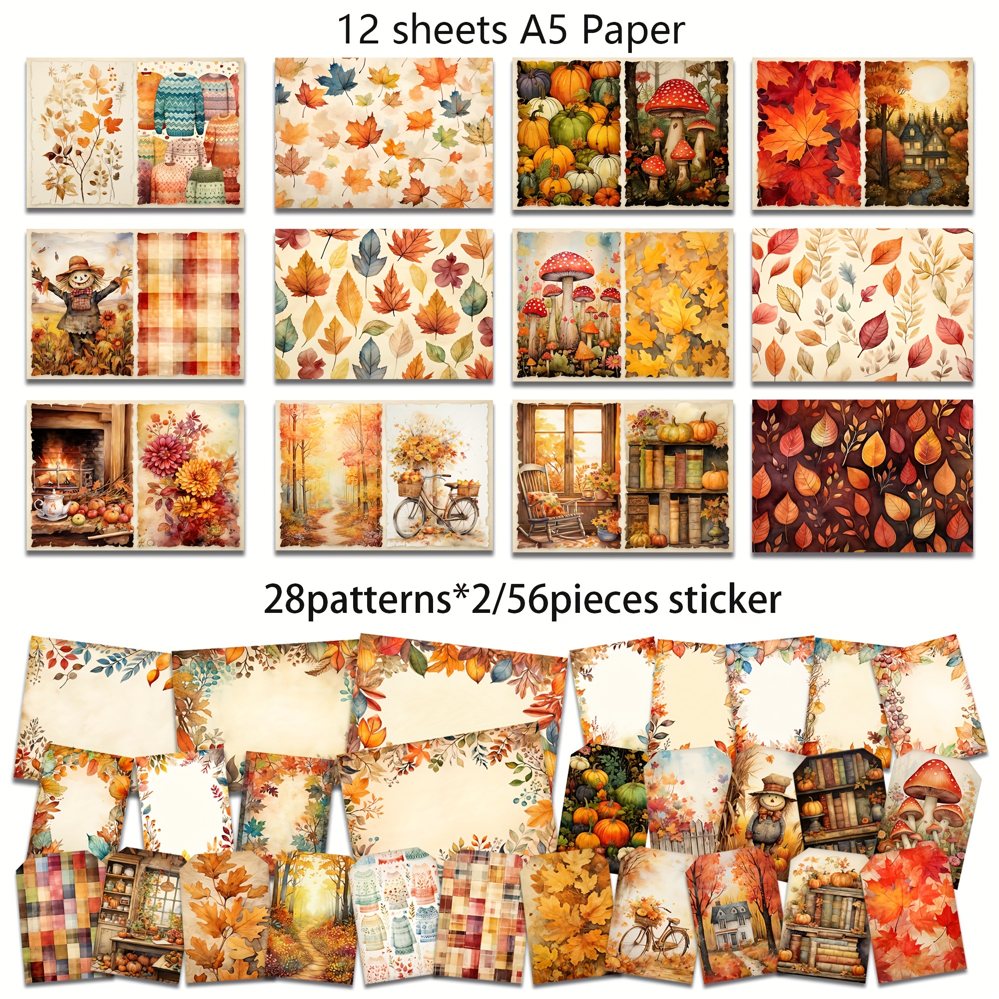 Image of 68pcs(12papers+56stickers) Vintage Decorative Paper Set, Perfect For Journals, Arts Crafts, Scrapbooking Supplies, Junk Journal Kits, Diy Crafts, Harvest Fall Season, Holiday Decorations