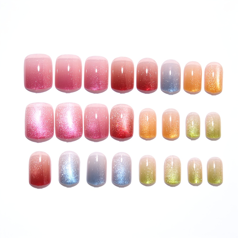 TEMU New Short Square Vibrant Dopamine Cute Color-block Gradient French Glitter Glass Bead Cat Eye Nails, Including Orange, Sweet Pink, Red, , And