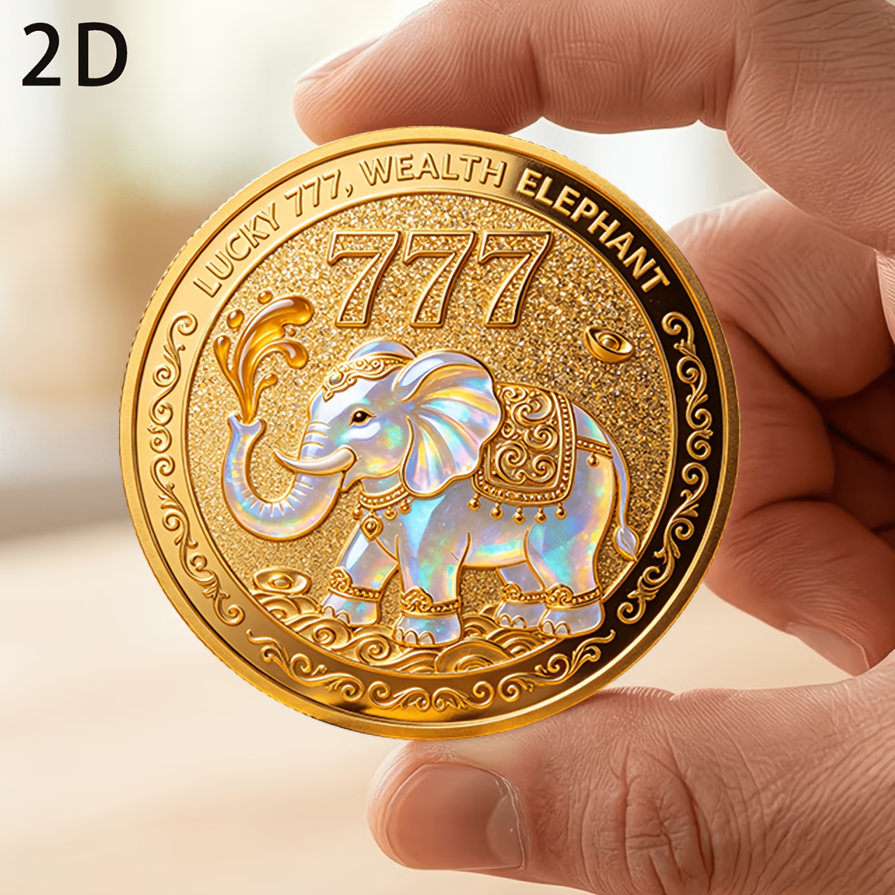 Image of 1pc Holographic Elephant Coin Suitable For Collectors - Double-sided 777 Token With Water-spraying Fortune, Protective Medal For Luck Talisman, Gift For & Luck