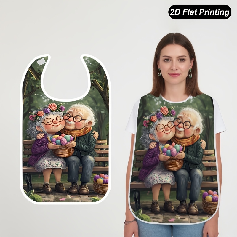 TEMU 1pc 2D Plat Couple de Banc Bib Mode Adulte et Mangeoire Attrape Serviette Unisexe Vaisselle Ajouts Motif Amusant Bib Tendance Structure Durable