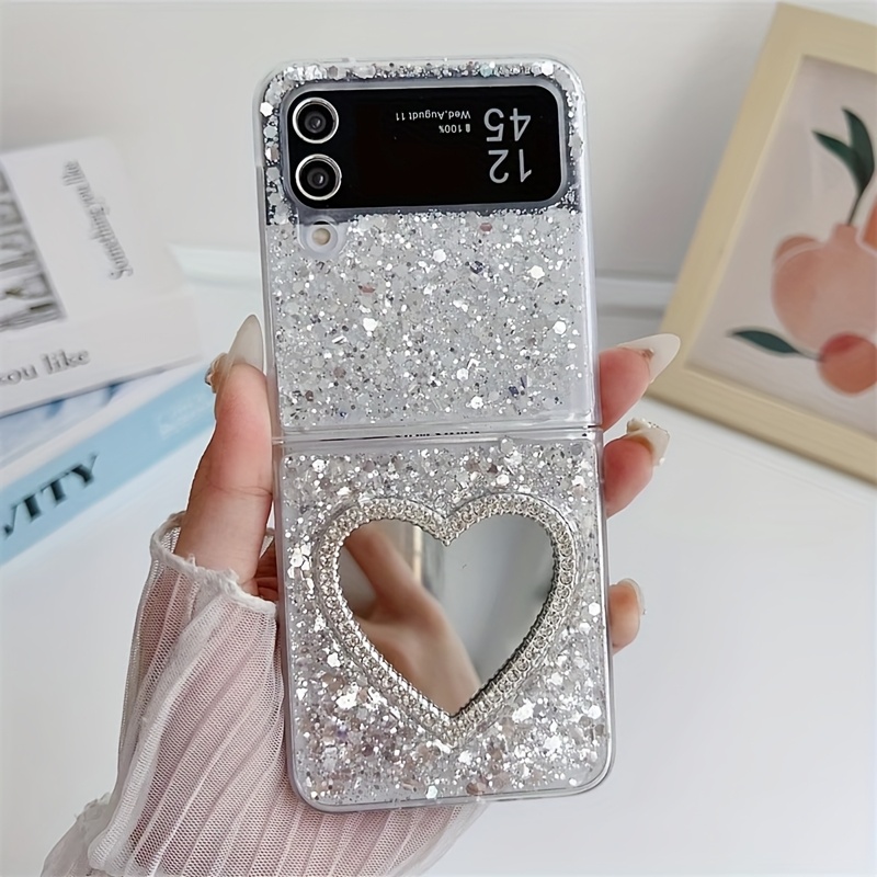 

Ins Love Heart Makeup Mirror Glitter Sequins Epoxy Folding Phone Case For Z Flip 6 5 4 3 Korean Bling Shockproof Back Cover