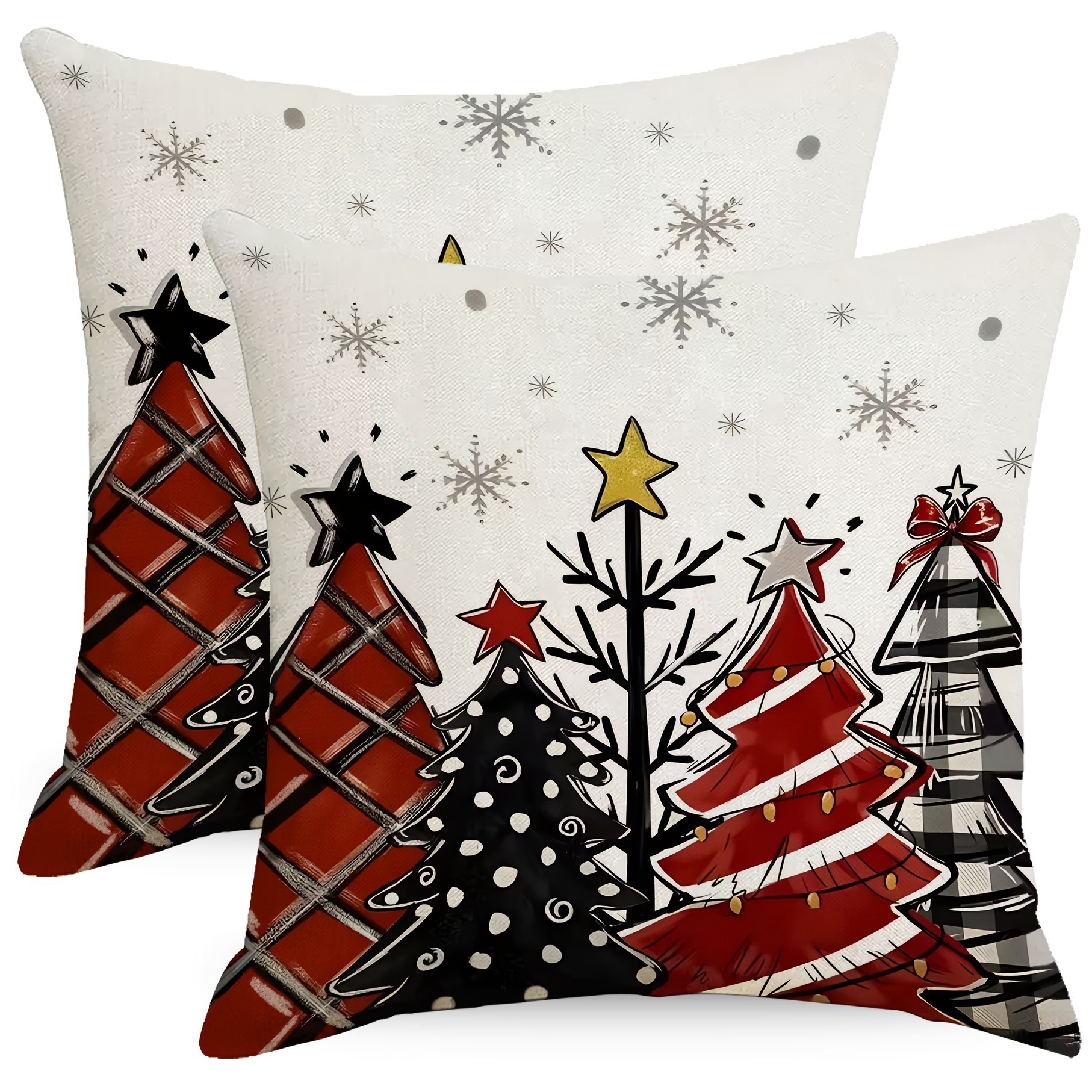 

2pcs Linen Christmas Pillow Covers - Style With Snowflakes & Trees, Zippered 18"x18" Cushion Cases For Holiday Sofa Decor, Polyester, Hand Wash Only (inserts Not Included)