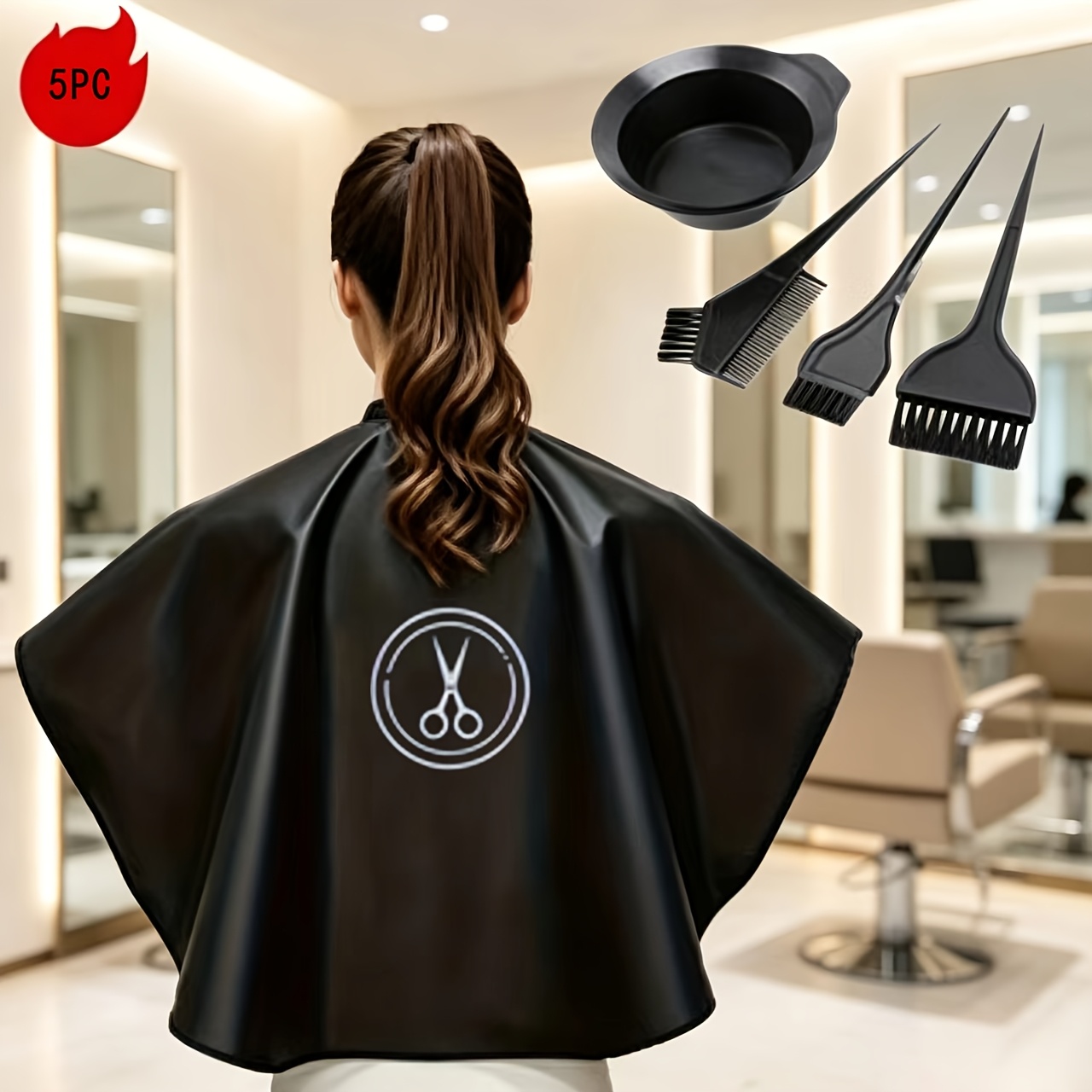 TEMU 1 Cape de Coiffure à Motif de Ciseaux et un Kit de de Cheveux 4 Pièces, un Ensemble de Cape à Épaule Inclinée Adapté pour la Permanente et la en