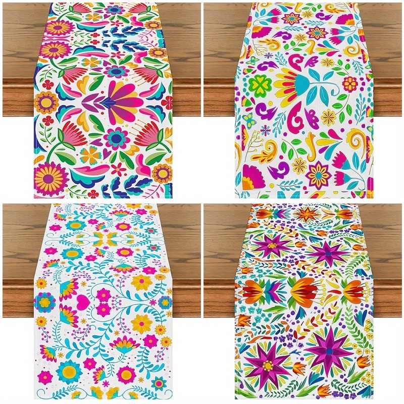 

1pc Vibrant Floral Polyester Table Runner - De Celebration, Mexican For Home & Restaurant Decor, Rectangular, Woven, Mexican Home Decor