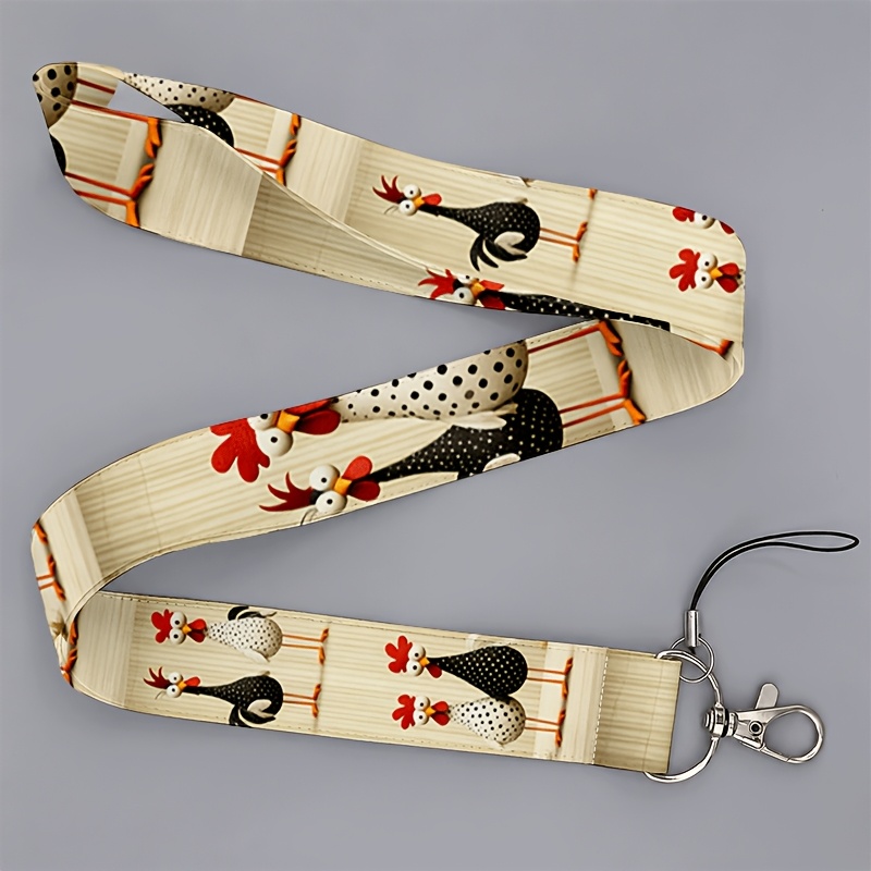 TEMU 2D Flache Ganzjahres-ID-Karte mit lustigem Cartoon-Hühner-Print und Holzmaserung für Studenten, Männer und Frauen, Lanyard für Studenten und
