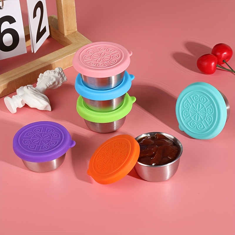 3/6 stück edelstahl-kondimentbehälter, 1.6 oz, rosa blau lila, auslaufsichere silikonabdeckung, wiederverwendbar, waschbar, bruchsicher, mit für salat, schulschüssel, küche, restaurant, camping, outdoor, picknick, reisen 0