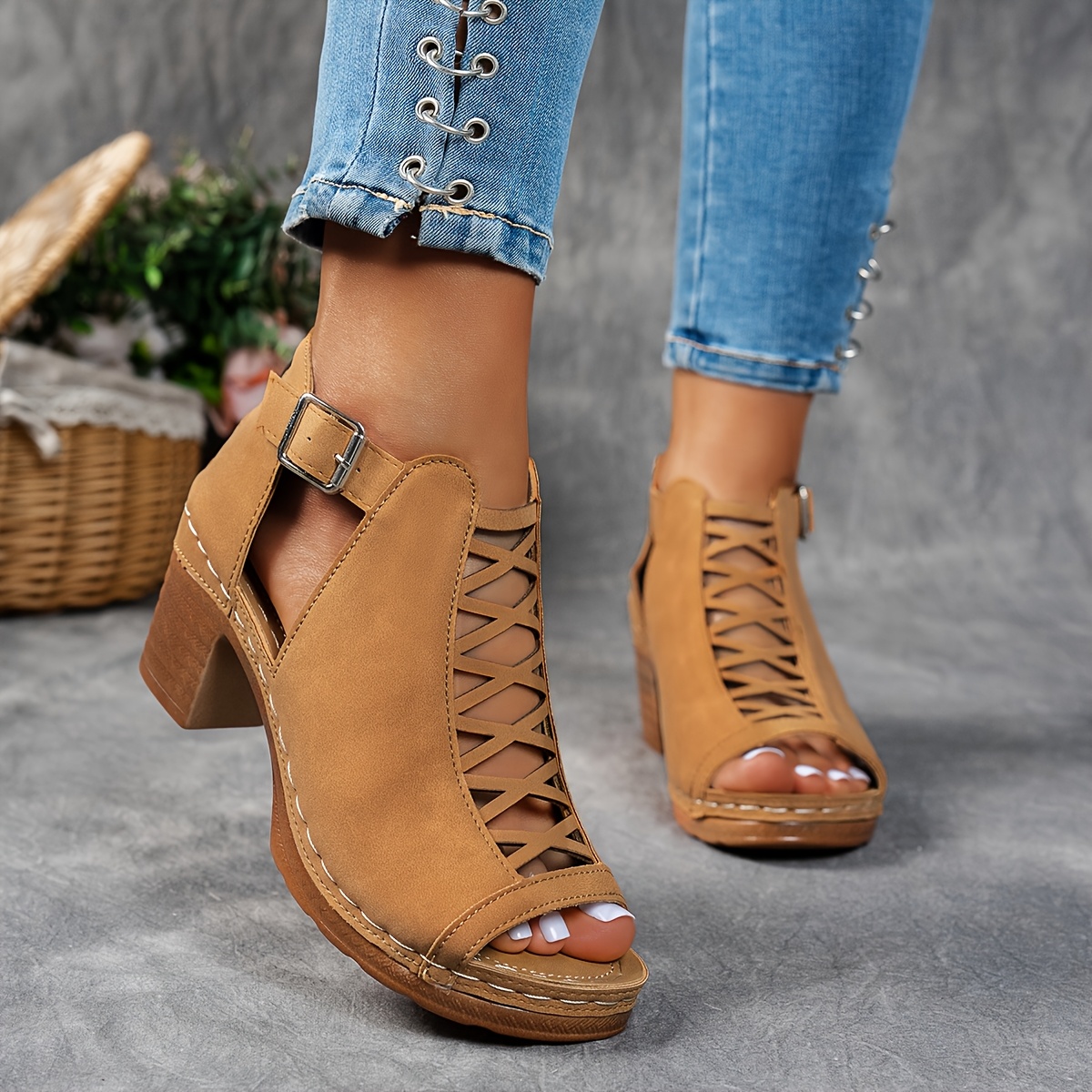 Summer Cross Roman Gladiator Elegant Thick Heel Wedge Sandals