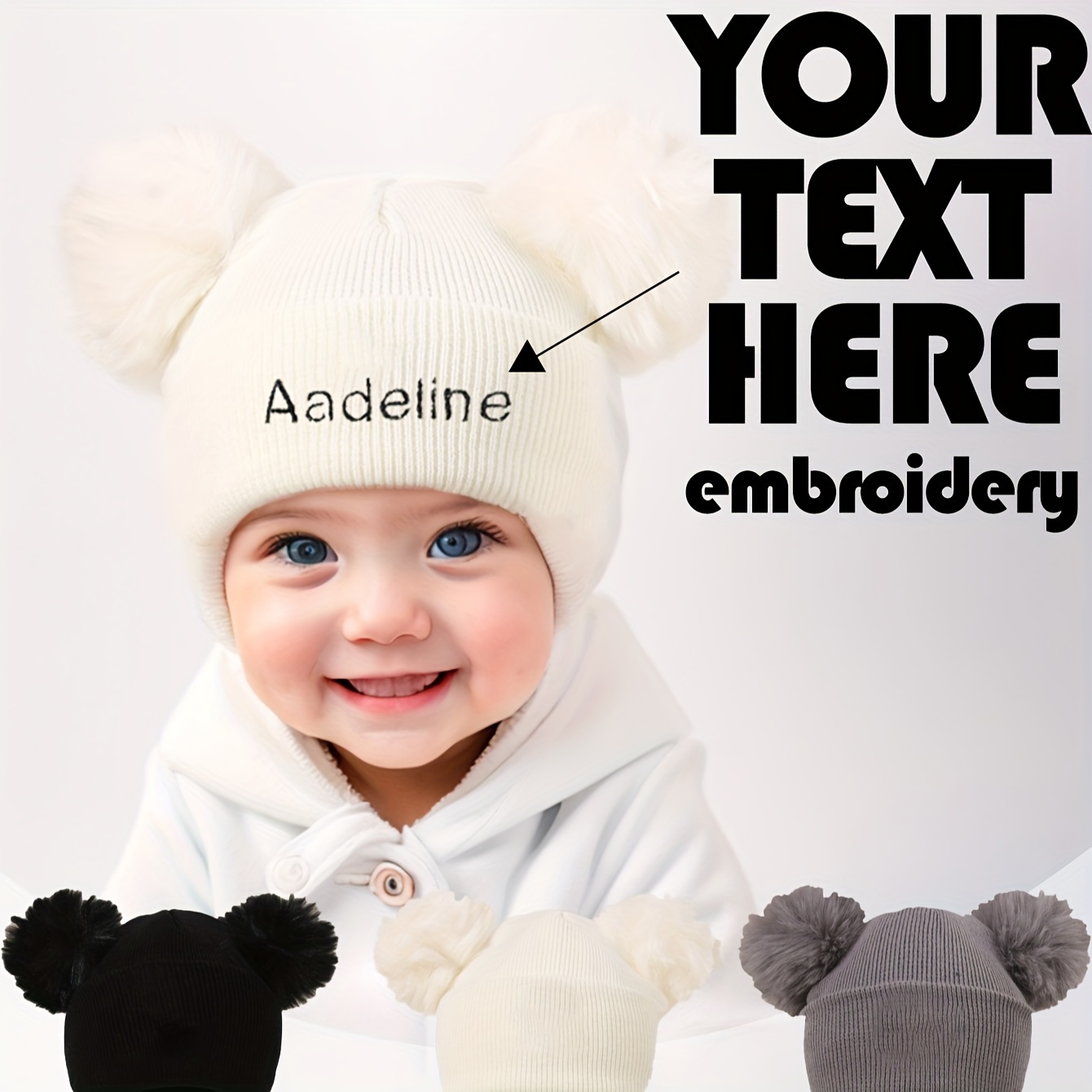 

Custom Name Embroidered Beanie With Dual Pom-poms - Stretchy, Lightweight Knit Hat For Girls - All & Birthdays