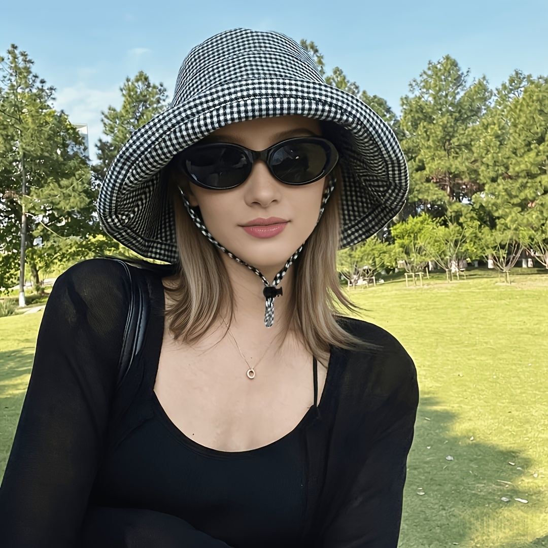 spring fashion black and white checkered womens bucket   lightweight foldable and portable sun hat for women with a neck drawstring for   suitable for spring and summer outdoor   travel and sports events